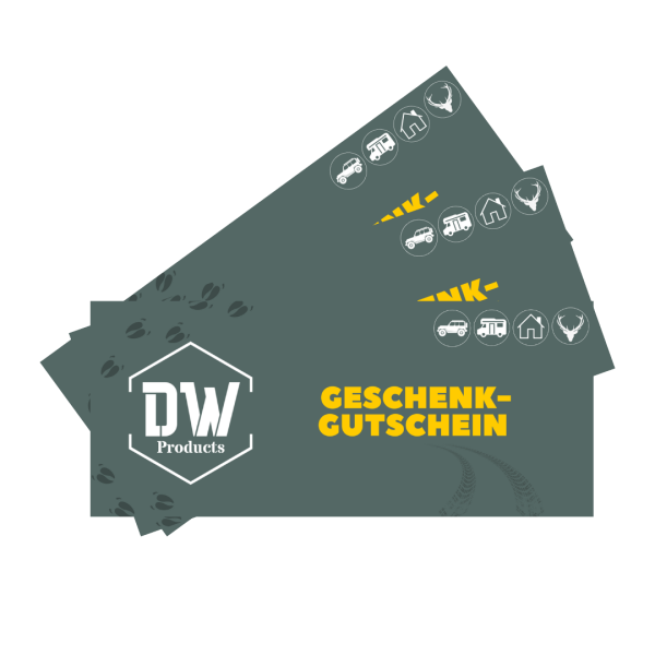 Geschenkgutschein für dw-products.de, als Geschenk für Jäger, Outdoorfans, Camper