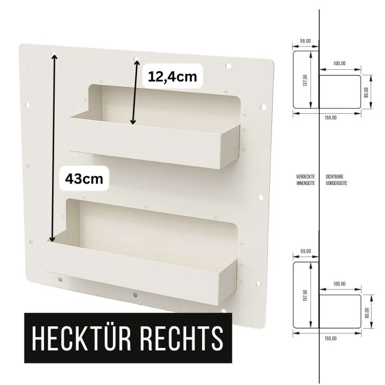 Hecktür rechts, Maße für zusätzlichen Stauraum, Platzwunder Camper